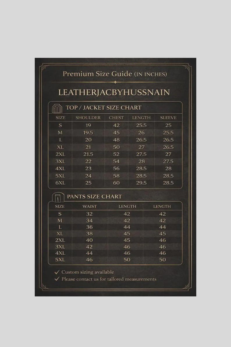 May include: A size chart for jackets and pants, with measurements in inches. The chart includes shoulder, chest, length, and sleeve measurements for jackets, and waist and length measurements for pants. The brand name is LEATHERJACBYHUSSNAIN.