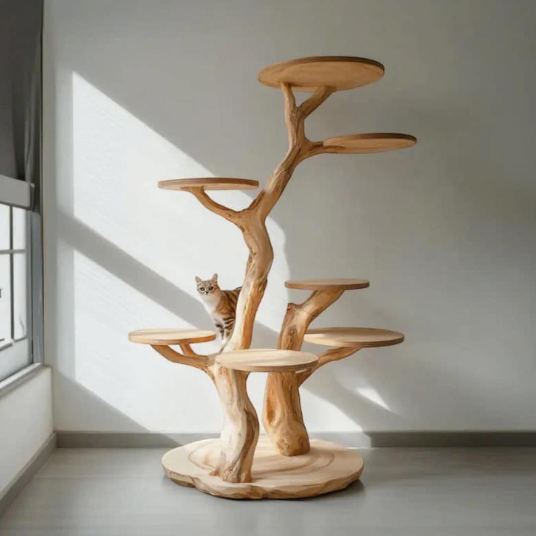 Rustic Natural Wood Cat Tree – Handmade Wooden Cat Stand & Gift for Cat ...