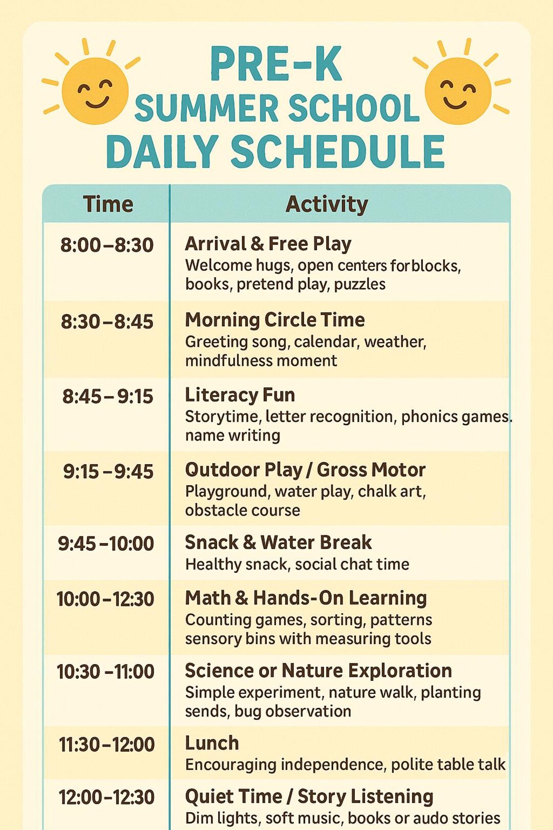 Printable Pre K Summer Daily Schedule - Etsy