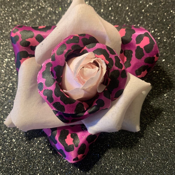 Gorgeous Rockabilly Pink and Purple Leopard Rose Hair Flower