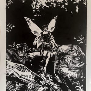 May include: Black and white woodcut print depicting a fairy in a forest setting. The fairy has large wings and is wearing a short skirt and top. The background shows trees and rocks.