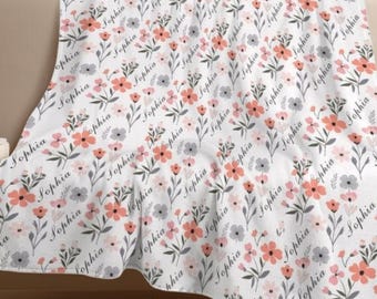 Coperta personalizzata per neonati con fiori di campo, coperta personalizzata con nome per bambina, coperta con fiori boho, regalo per baby shower, regali per neonati, regali di Natale