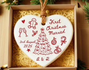 Ornamento per il primo matrimonio di Natale, ornamento per il signor e la signora, ornamento personalizzato per la data del matrimonio, regalo personalizzato per la coppia di sposi novelli.