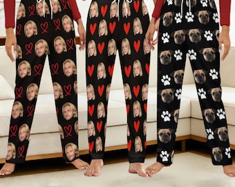 Pantaloni del pigiama personalizzati con foto: pantaloni personalizzati con viso e cuore rosso per donna e uomo, regalo di San Valentino per lui e lei, pantaloni del pigiama, pigiama con foto