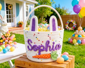 Cestino pasquale personalizzato, cestino in corda di cotone con nome personalizzato, cestino pasquale con nome personalizzato, regalo coniglietto, borsa di Pasqua felice, contenitore per giocattoli, regalo di Pasqua