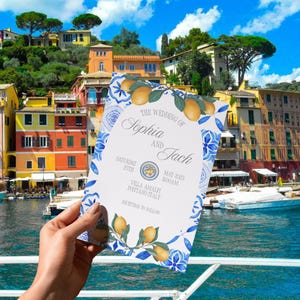Amalfi Coast Wedding Invitation Template | Lemon & Blue Tile Editable Canva Invite | Italian Mediterranean Printable Invitation