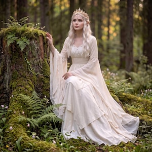 arwen white dress Fantasy elven silver gray wedding velvet neck midi dress with ruched elastic empire waist Arwen's Bridge Dress: Analysis and