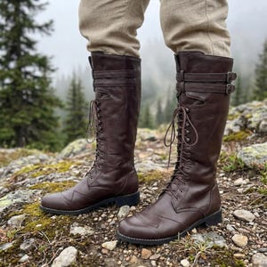 Faux Leather Knee High Combat Boots, Unisex Lace Up Renaissance Faire Viking Cosplay