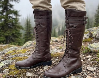 Faux Leather Knee High Combat Boots, Unisex Lace Up Renaissance Faire Viking Cosplay