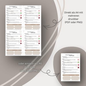 Op de afbeelding: Een digitaal documentsjabloon met veiligheidsinstructies in het Duits, getiteld Sicherheitshinweise Pflegehinweise. De lay-out bevat vier A6-kaarten op een A4-vel en een enkele A6-kaart, met tekstvelden voor productnaam en artikelnummer.