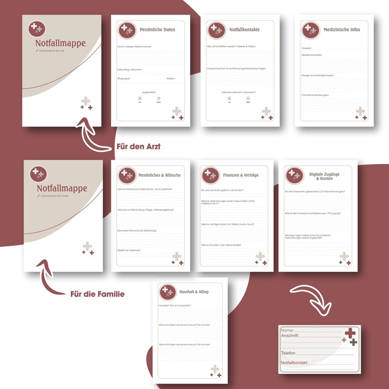 May include: A set of printable medical emergency forms, including "Personal Data," "Emergency Contacts," and "Medical Info." The forms are designed with a clean layout, featuring a cross symbol and the words "Notfallmappe" and "F&uuml;r den Arzt."