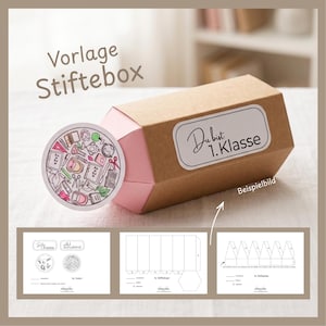 以下が含まれることがあります： ピンクと茶色の鉛筆型のクラフトボックス。ボックスには「Du bist 1. Klasse」と書かれた白いラベルが付いています。ボックスの横には、学用品の丸いステッカーがあります。画像には、ボックスのテンプレートも含まれています。