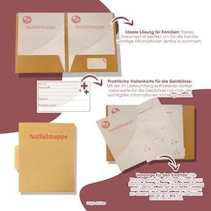 May include: A collection of tan-colored folders and documents labeled "Notfallmappe" with medical-related graphics. Includes a business card with fields for name, address, phone, and emergency contact. The image also features text in German.