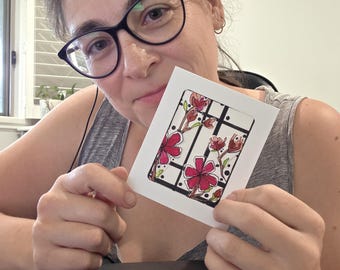 Floral Grid Garden-Modern Botanical Ink and Watercolour Art - ACEO CARD