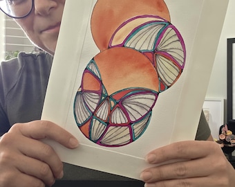 Original Abstract Watercolour Art – Orange, Magenta & Teal Geometric Circles with Ink Linework – Modern Ready‑to‑Frame Artwork