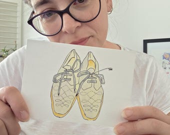 Original Watercolour Shoe Illustration – Women’s Beige & Yellow Shoes (Art by Me) – 4×6" Fashion Sketch on Premium Watercolour Paper
