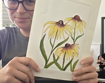 Original Yellow Coneflower Art – Watercolour Ink on 300gsm Paper – Warm Botanical Floral Illustration – Ready to Frame (14×21cm / 21×28cm)
