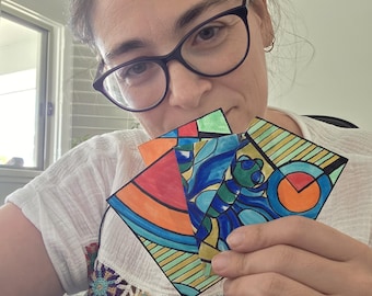 Colorful Geometric ACEO Set – Original Ink & Watercolor Mini Abstract Art – Set of 4