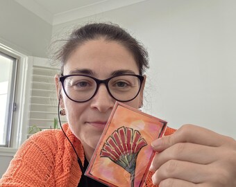 Sunset Fan Motif– Red Gold  & Green Embroidered ACEO
