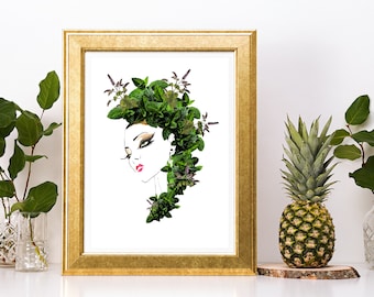 Mint Botanical Woman Printable Art Nature Illustration Greenery Wall Decor Eco Fashion Home Print