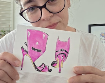 Original Watercolour Shoe Illustration – Pink Designer Heels (Art by Me) – 4×6" Fashion Sketch on Premium Watercolour Paper