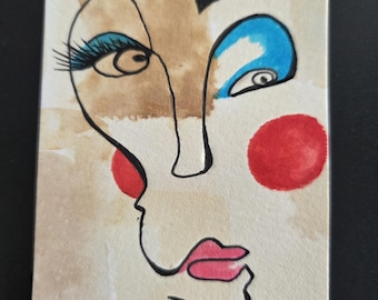Abstract Face ACEO • Coffee Ink & Watercolour Mini Art • Surreal Line Drawing (300gsm)