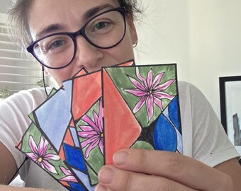 Abstract ACEO Art Set of 4 – “Stained Glass Floral” – Watercolor - Ink Miniatures