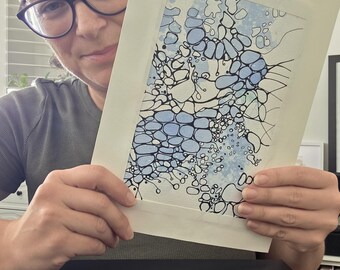 Blue Neuroart Original ART– Abstract Watercolour and  Ink on 300gsm Paper, Matted & Ready to Frame