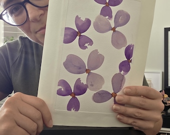 Original Purple Floral Watercolour Art – Ink Watercolour Flowers on 300gsm Paper – Soft Botanical Illustration – Ready to Frame