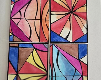 Vibrant Geometric ACEO Set – Original Ink & Watercolor Mini Abstract Art – Set of 4