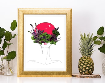 Botanical Printable Wall Art PDF – Minimalist Line Drawing, Red Head Surreal Portrait
