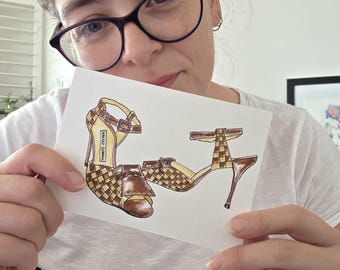 Original Watercolour Shoe Illustration – Manolo Blahnik Heels (Art by Me) – 4×6" Fashion Sketch on Premium Watercolour Paper