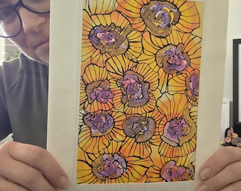 Original Floral Watercolour Art – Yellow Purple Flowers with Ink Linework on 300gsm Paper – Vibrant Botanical Illustration – Ready to Frame