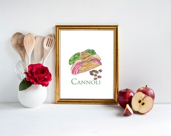 Watercolor Cannoli print art Italian dessert cookies printable poster Food Illustration art digital file Italian sweets print