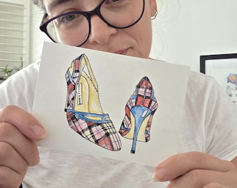 Original Watercolour Shoe Illustration – Manolo Blahnik Heels (Art by Me) – 4×6" Fashion Sketch in Red, Pink & Blue
