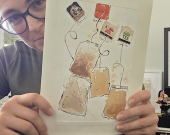 Original Tea Bag Art – Mixed Media Watercolour and Ink with Rooibos, Green Tea, Berries & Rosehip – Ready to Frame (14×21cm / 21×28cm)
