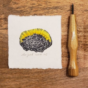 Mini Print Linocut Original Wall Art Flower Linocut Art Print Wall Art Gift Handmade Art for Home Marigold Print Relief Mini 4x4 Botanical