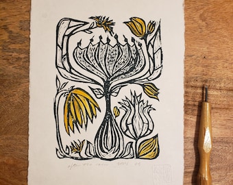 Print Linocut Original Wall Art Folk Flower Linocut Art Print Wall Art Gift Handmade Art for Home  Print Relief Botanical Print Green