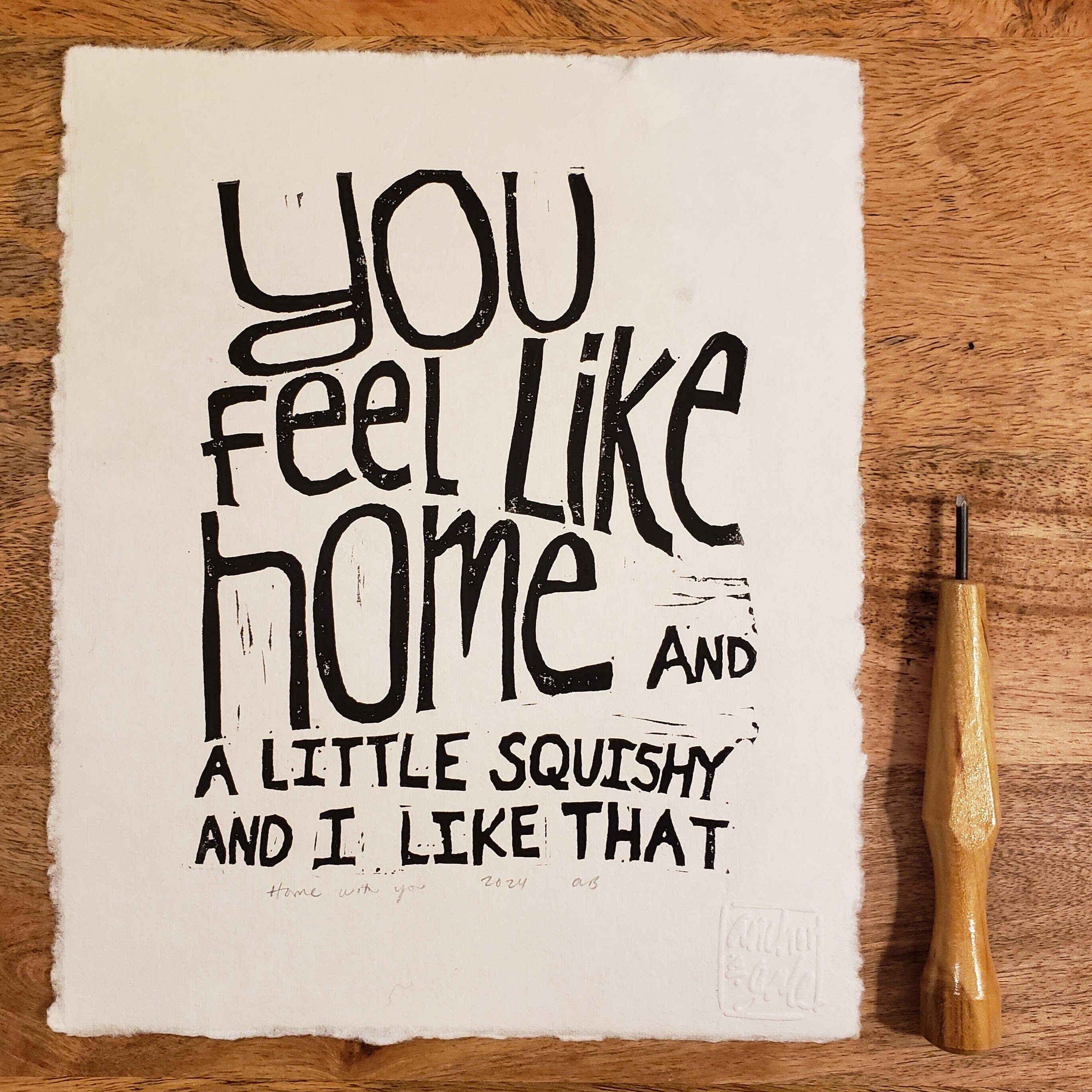 Linocut Print Art Funny Gift for Husband Art Print for Anniversary Wall Art Gift Handmade Funny Art You Feel Like Home and a Little Squishy
