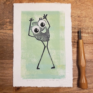 Kitchen Art Lime Print Linocut Original Wall Art Handmade Funny Kitchen Decor Wall Art Handmade Art for Kitchen Dancing Lime Googly Eyes