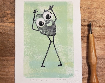 Kitchen Art Lime Print Linocut Original Wall Art Handmade Funny Kitchen Decor Wall Art Handmade Art for Kitchen Dancing Lime Googly Eyes