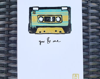 Mixtape Gift Cassette Tape Gift for Anniversary Music Lover Print Handmade Original Linocut Print Gift for Him Block Print 1990s Mixtape