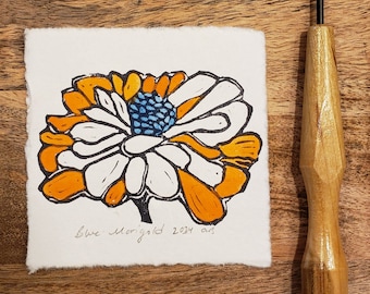 Print Linocut Original Wall Art Flower Linocut Art Print Wall Art Gift Handmade Art for Home Marigold Print Relief Mini 4x4 Botanical Print