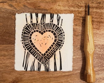 Mini Print Linocut Original Wall Art Heart Linocut Art Print Wall Art Gift Handmade Art for Home Heart Print Relief Mini 4x4 Love Print Neon