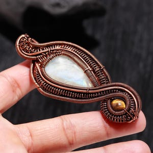 Natural Rainbow Moonstone, Tiger&#39;s Eye Gemstone Pendant, Copper Wire Wrapped Pendant, Dainty Jewelry, Wrapped Jewelry, Pendant For Her