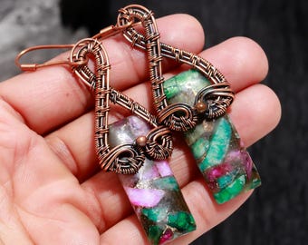 Oyster Turquoise Copper Wire Wrapped Earrings: Dangle Gemstone Jewelry