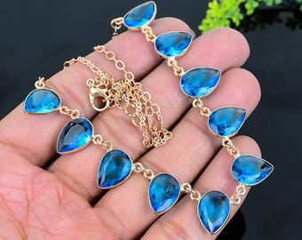 Blue Topaz Gemstone Copper Dianty Women Necklace - Gift For Her