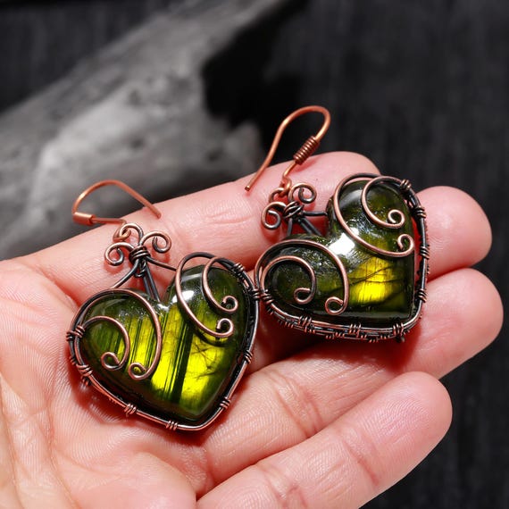 Green Labradorite Heart Earrings: Copper Wire Wrapped, Handmade