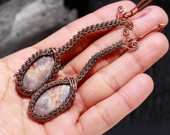 Pendientes de ágata con encaje loco envueltos en alambre de cobre: joyería de piedras preciosas hecha a mano