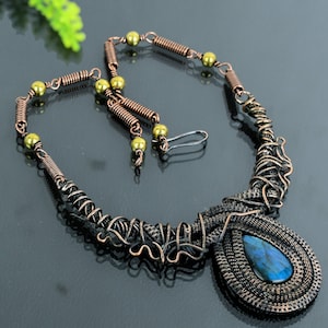 Copper Wire Wrapped Labradorite Necklace - Pear Stone, 18 inch